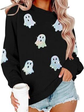 Halloween Sweatshirts Women Colorful Sequin Ghost Graphic Pullover Shirt